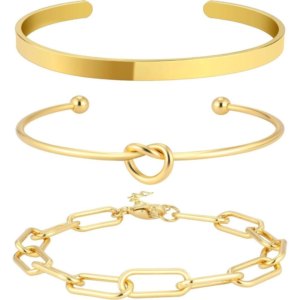14K Real Gold-C Plated Bangle Cuff Non Tarnish Trendy Stack Bracelets for Women